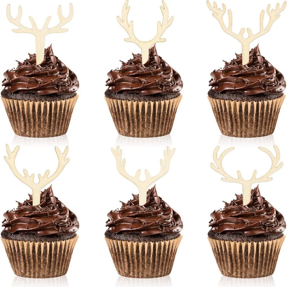 30 Pieces Antler Cupcake Toppers Wooden Reindeer Cake Topper Christmas Deer Cake